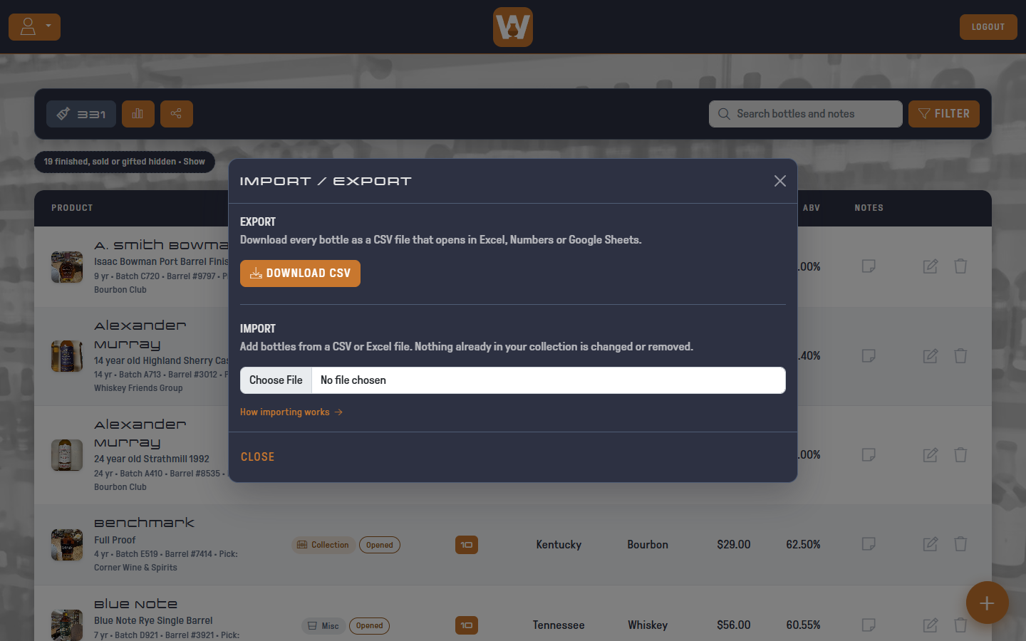 The Import / Export dialog