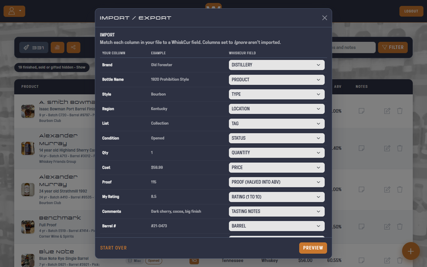 Matching spreadsheet columns to WhiskCur fields