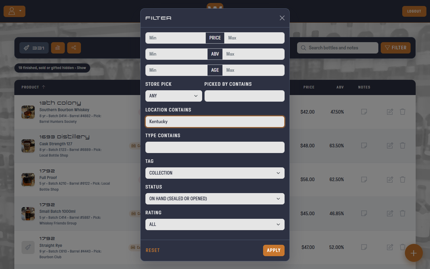 Filter dialog