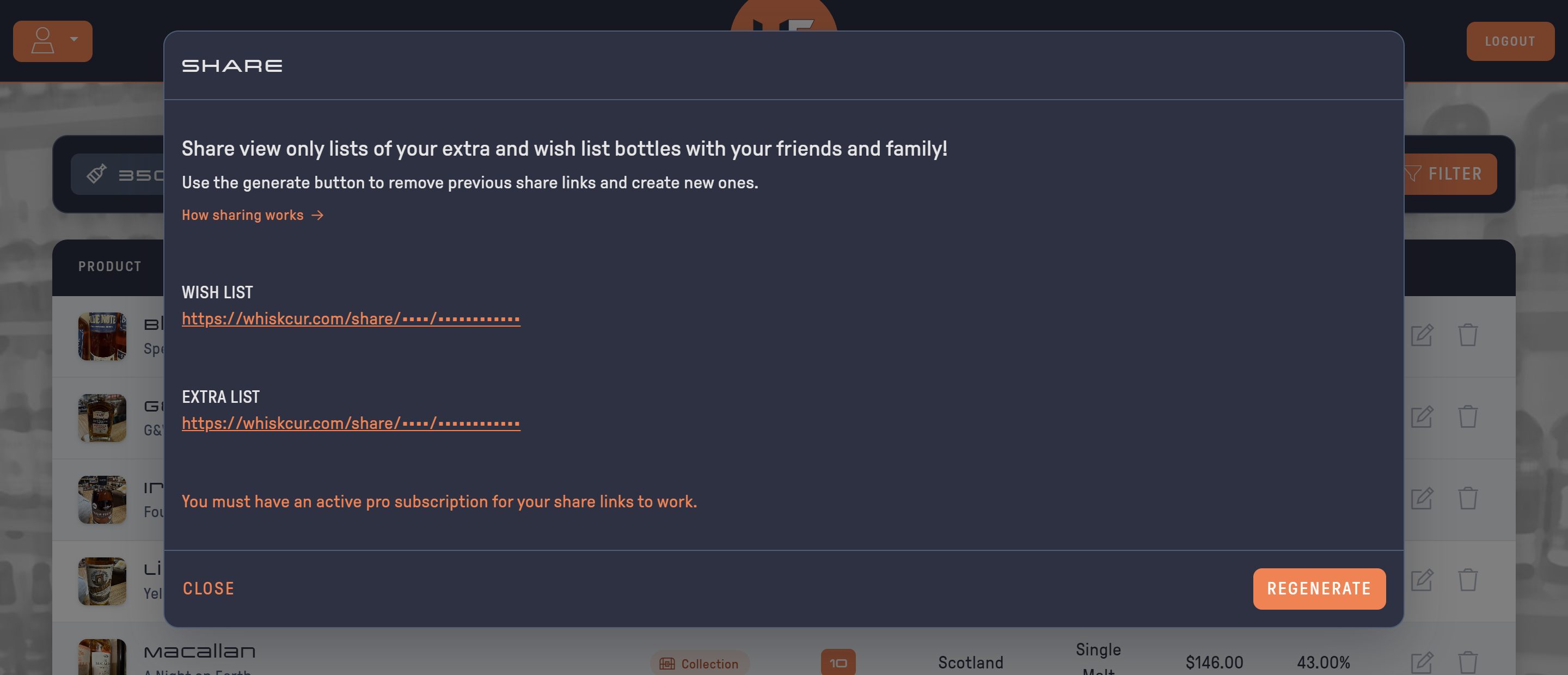 Share dialog with wish list and extras links